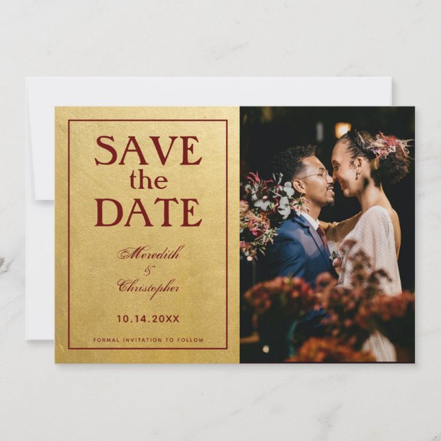 Gold and Burgundy Photo Wedding Save The Date (Front)