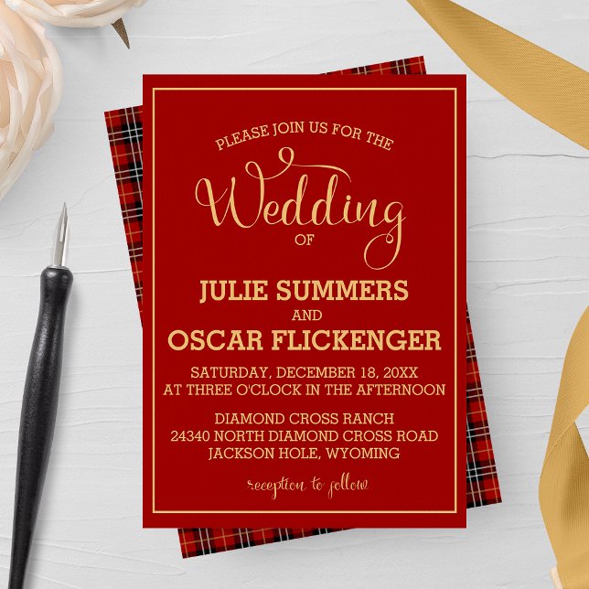 Gold and Burgundy Plaid Wedding Invitation (Creator Uploaded)