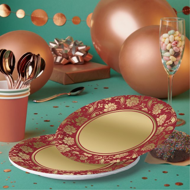 Gold and burgundy-red floral damasks dinner plate (Multi)