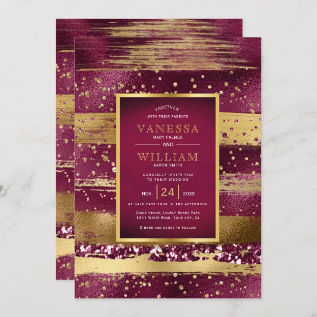 Gold and burgundy strokes and confetti wedding invitation (Front/Back)