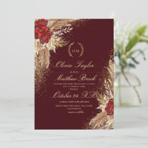 Gold and Burgundy Watercolor Elegant Flora Wedding Invitation