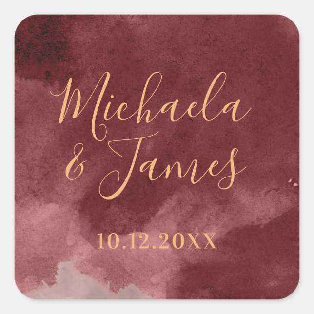 Gold and Burgundy Watercolor Square Sticker (Front)