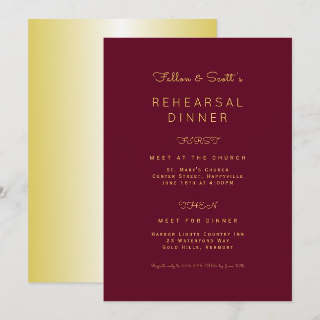 Gold and Burgundy Wine Rehearsal Dinner Invitation (Front/Back)