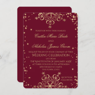 Gold and Burgundy Winter Wedding Snowflakes Invitation