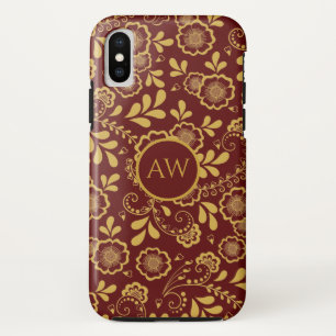 Gold and Cherry Red Victorian Floral Lace Monogram iPhone XS Case