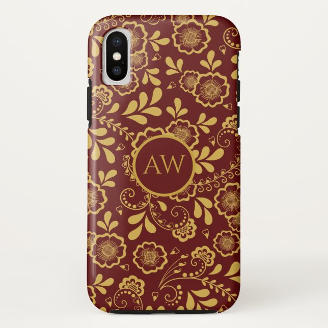 Gold and Cherry Red Victorian Floral Lace Monogram Case-Mate iPhone Case (Back)