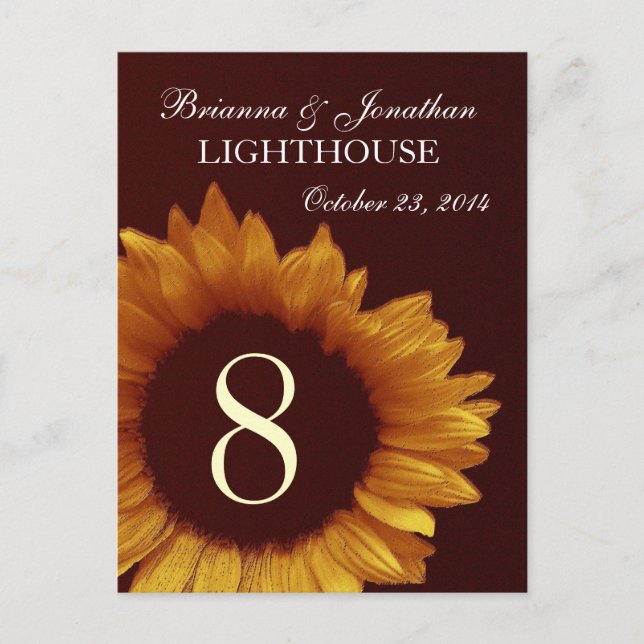 Gold and Chocolate Sunflower Wedding Table Number Postcard (Front)