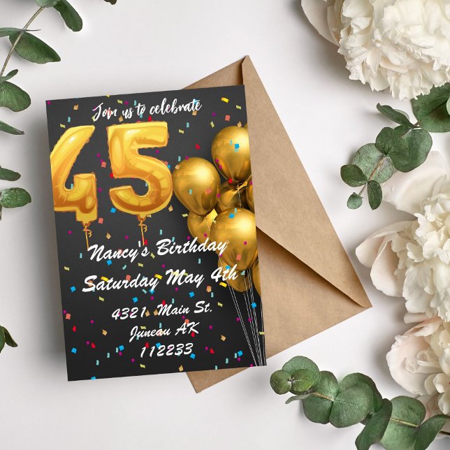 Gold and colourful glitter balloons 45th birthday magnetic invitation (Creator Uploaded)