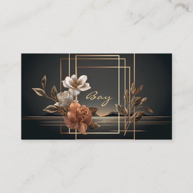 Gold and Copper Floral Midnight Twilight Landscape Business Card (Front)