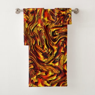 Gold and coral or vivid red texture bath towel set