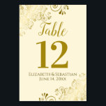 Gold and Cream Elegant Frilly Wedding Table Number<br><div class="desc">These beautiful wedding table number cards feature a simple yet elegant design with gold script calligraphy on a cream or ivory coloured background with a frilly gold faux foil floral filigree in the corners. Perfect way to make your wedding reception beautiful and help your guests find the right table at...</div>