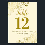 Gold and Cream Elegant Frilly Wedding Table Number<br><div class="desc">These beautiful wedding table number cards feature a simple yet elegant design with gold script calligraphy on a cream or ivory coloured background with a frilly gold faux foil floral filigree in the corners. Perfect way to make your wedding reception beautiful and help your guests find the right table at...</div>