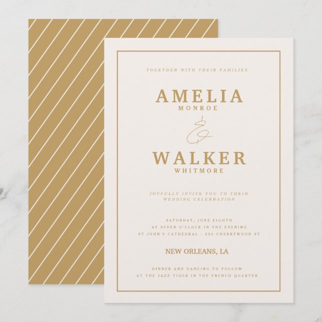 Gold and Cream Stripes Wedding Invitation (Front/Back)