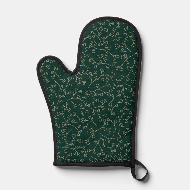 Gold and Dark Emerald Green Botanical Vine Pattern Oven Mitt (Front)