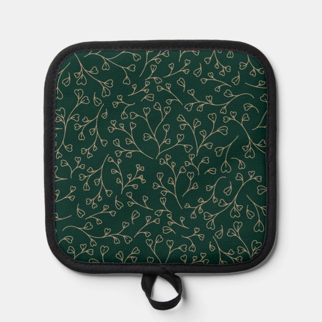 Gold and Dark Emerald Green Botanical Vine Pattern Pot Holder (Front)