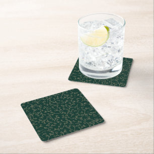 Gold and Dark Emerald Green Botanical Vine Pattern Square Paper Coaster