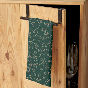 Gold and Dark Emerald Green Botanical Vine Pattern Tea Towel