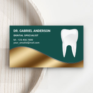 Gold and Dark Green Tooth Dental Clinic Dentist Business Card