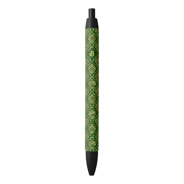 Gold and dark-green vintage floral damask pattern black ink pen (Front Vertical)