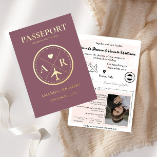 Gold And Dark Mauve Passport  Wedding Invitation