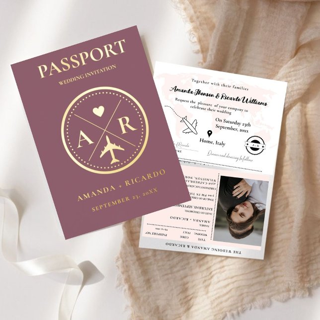 Gold And Dark Mauve Passport  Wedding Invitation (Creator Uploaded)