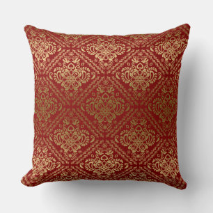 Gold And Dark Red Vintage Floral Damask Cushion