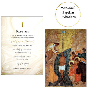 Gold and Dark Tan Faux Marble Swirls Baptism       Invitation