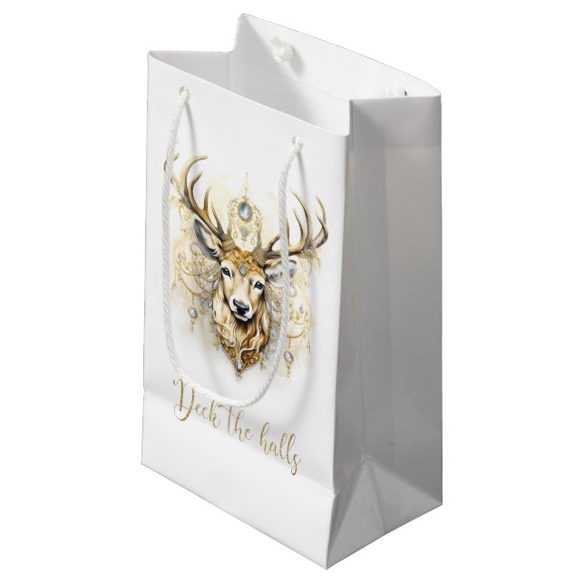 Gold and Diamond Glittery Deer Small Gift Bag (Front Angled)