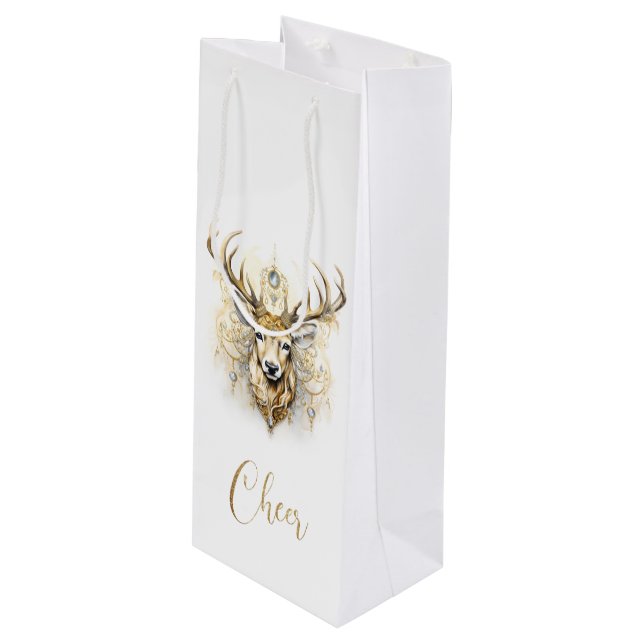 Gold and Diamond Glittery Deer Wine Gift Bag (Front Angled)