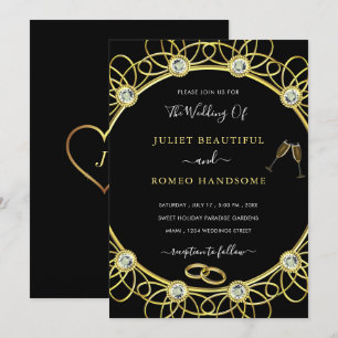 Gold and Diamonds Elegant Black Wedding Invitation
