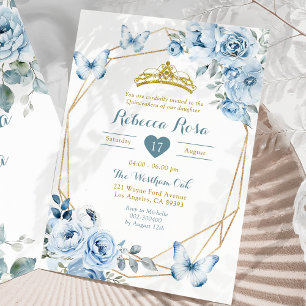 Gold and Dusty Blue Floral Crown Quinceañera Invitation