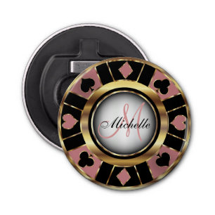 Gold and Dusty Rose Poker Chip Design - Monogram Bottle Opener