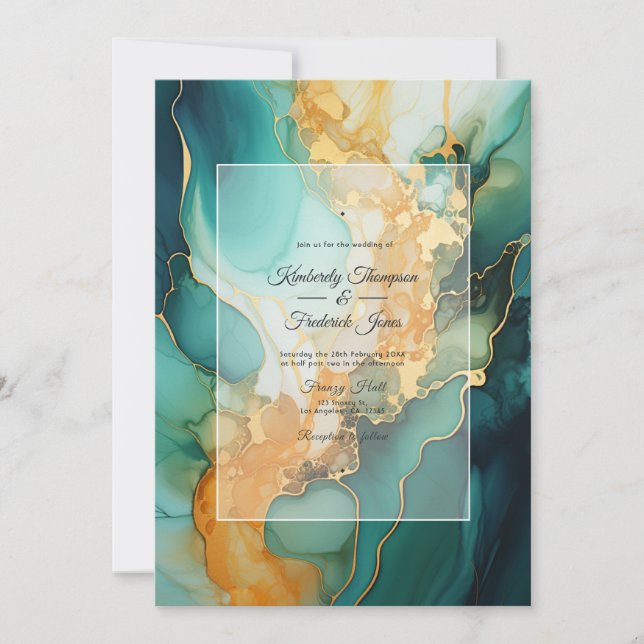 Gold and Emerald Alcohol Ink Wedding Invitation (Front)