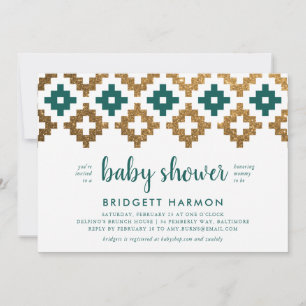 Gold and Emerald Boho Aztec Baby Shower Invitation