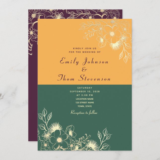 Gold and Emerald Green Wedding Invitation (Front/Back)