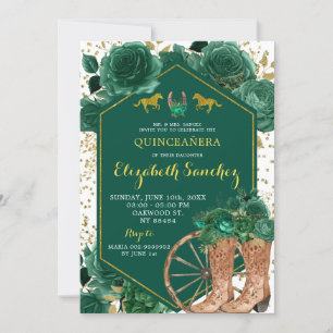 Gold and Emerald Green Western Charra Quinceañera Invitation