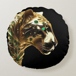 Gold And Emerald Jaguar Design, Round Cushion