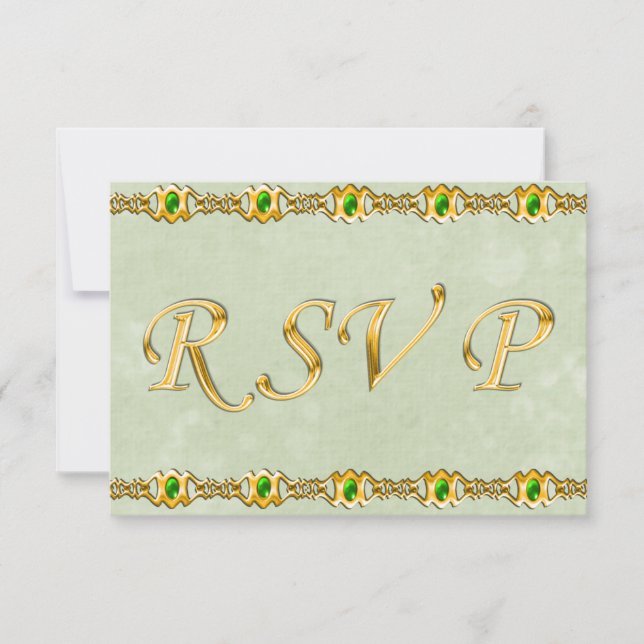 Gold and Emerald Jewel Wedding RSVP Card (Front)