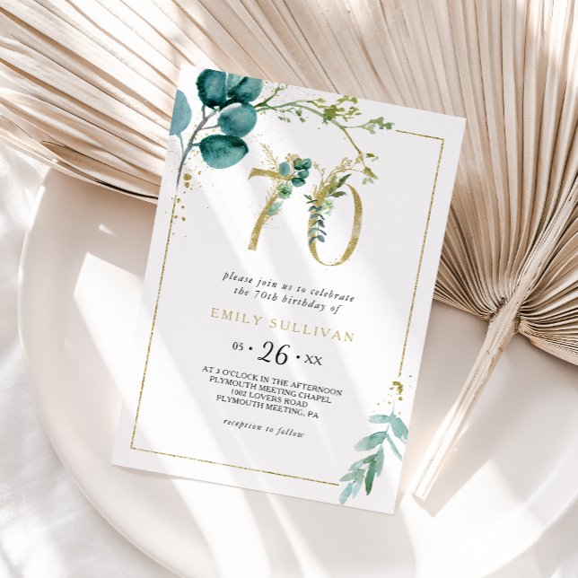 Gold and Eucalyptus 70th Birthday Party Invitation (Creator Uploaded)
