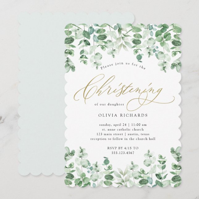Gold and Eucalyptus Elegant Watercolor Christening Invitation (Front/Back)