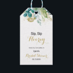 Gold and Eucalyptus Sip Sip Hooray Bridal Shower Gift Tags<br><div class="desc">These gold and eucalyptus sip sip hooray bridal shower gift tags are perfect for a simple wedding shower. The design features hand-painted watercolor green,  gold,  and blue leaves and flowers neatly arranged into bouquets and geometric elegant frames.</div>