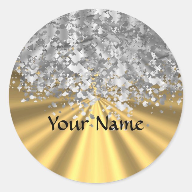 Gold and faux glitter personalised classic round sticker (Front)