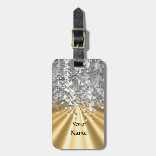 Gold and faux glitter personalised luggage tag (Front Vertical)