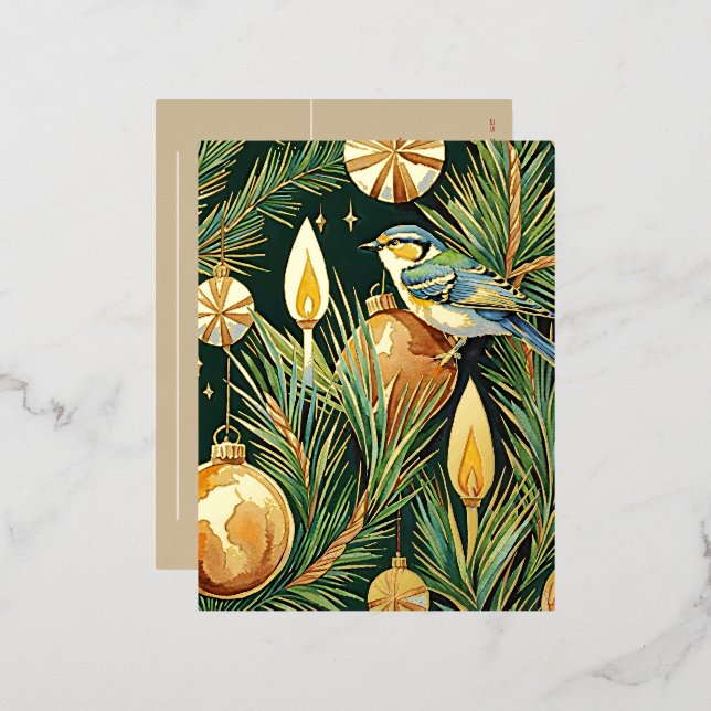 Gold and Flame Botanical Winter Garden Christmas Foil Holiday Postcard (Front/Back)
