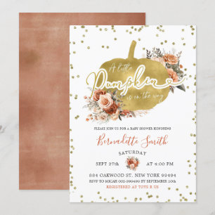 Gold and Floral Burnt Orange Pumpkin Baby Shower Invitation