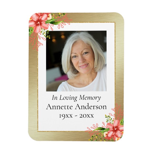 Gold and Floral Photo Memorial Magnet (Vertical)