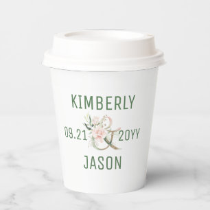 Gold and flowers an ampersand wedding couples name paper cups