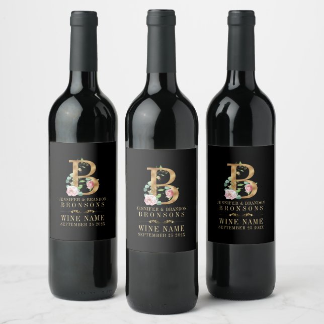 Gold and flowers lettering Monogram B Wine Label (Bottles)