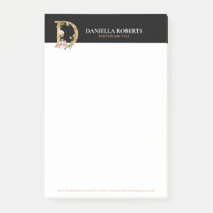 Gold and flowers lettering Monogram D Post-it Notes