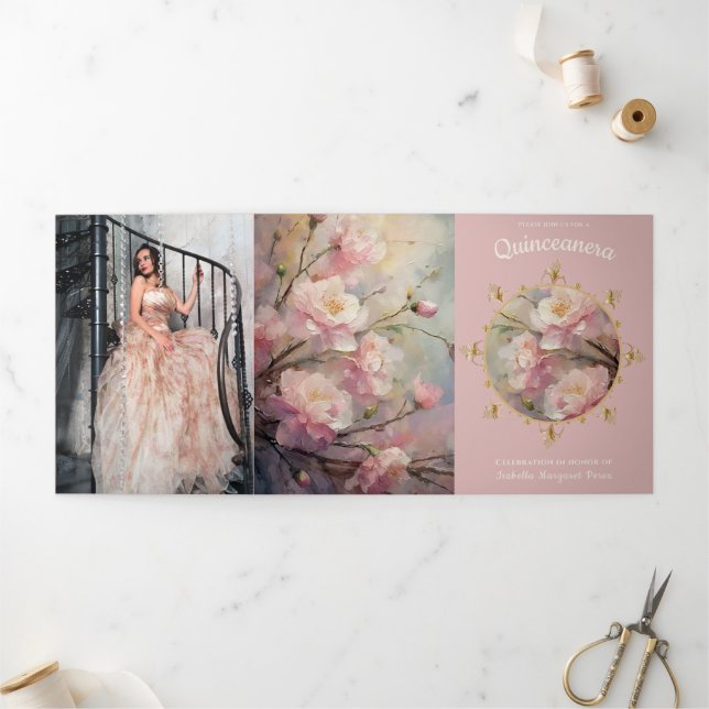 Gold and Flowers Quinceanera Tri-Fold Invitation (Outside)